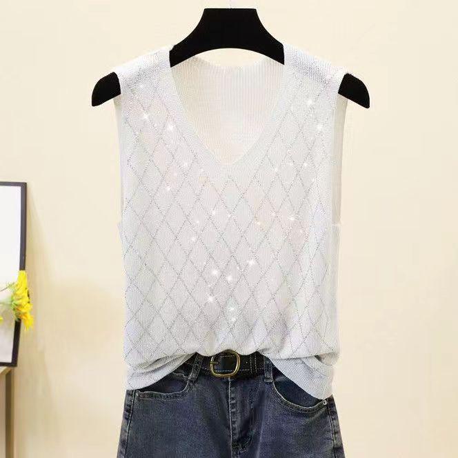2023 Shiny Silk Sleeveless V-Neck Women's Vest - Spring/Summer New Style, Loose Fit with Hot Diamond Sling Knitted Design