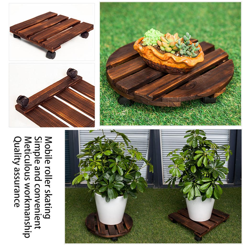 30cm Round Carbonized Wood Plant Pot Stand with Wheels Movable Flower Pot Tray Base