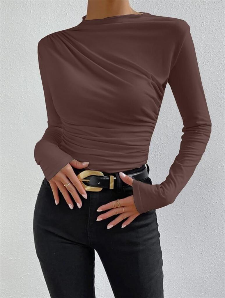 2024 High Neck Solid Color Slim-Fit Women's Long Sleeve Ruched T-Shirt