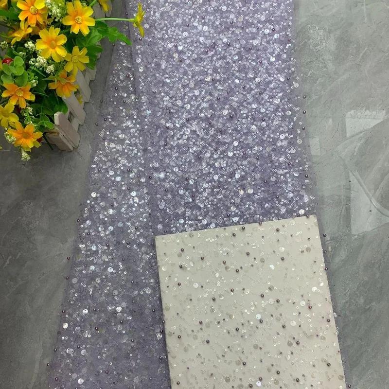 Luxury 3D Sequined Beaded Mesh Embroidered Lace Fabric Handmade Wedding Dress DIY Accessories Width 130cm 1Meter