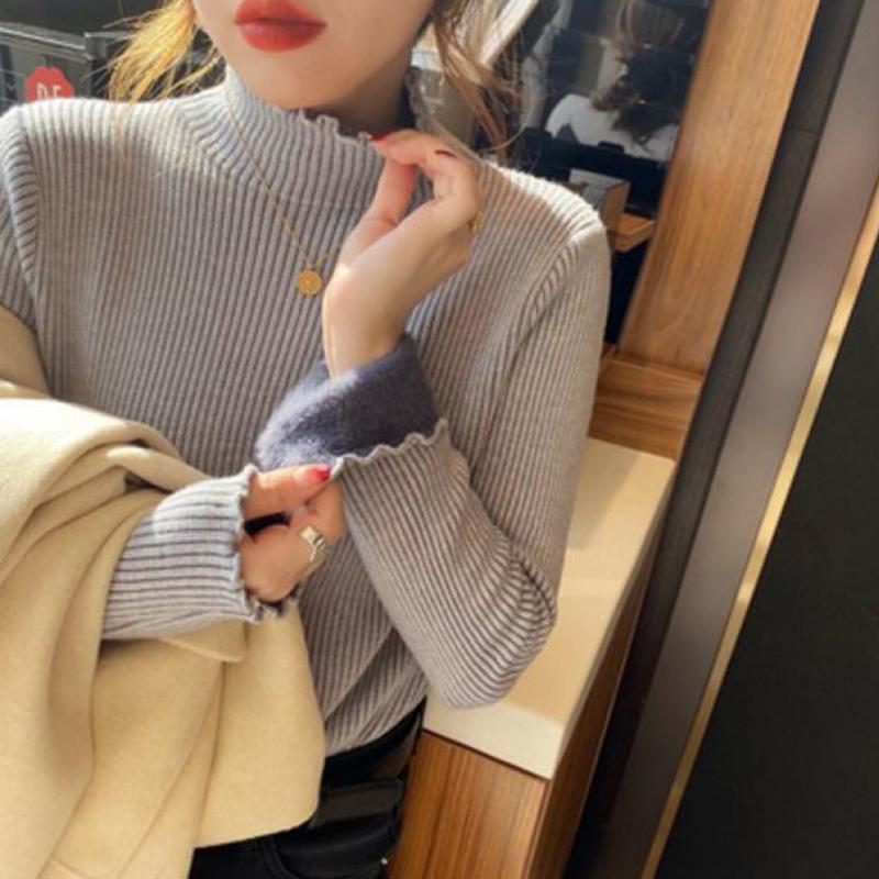 

Ladies Winter Fleece Lined Thermal Long Sleeve Ruffles Stand Collar Slim Fit Basic Solid Color Pullover Knitted Warm T Shirt Top for Layering one size