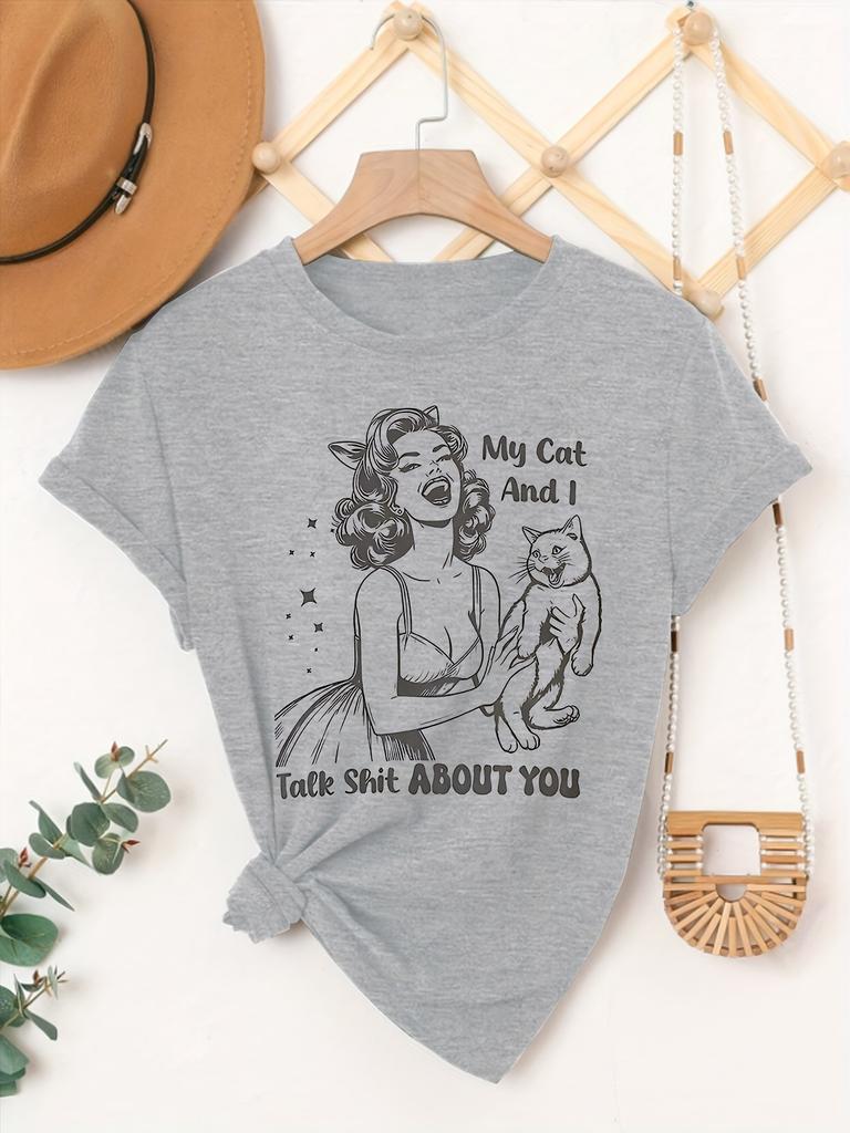 Retro Cartoon Cat and Woman Print Summer Women's Vintage Style T-shirt Short Sleeve Round Neck Soft Comfortable Casual Clothing