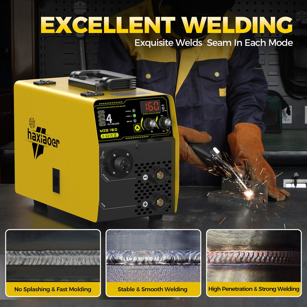 HAXIAOER MIG160 160A Gas Shielded MIG Welder 110V 4-in-1 Gas Gasless Flux Core Lift TIG Stick Digital Display IGBT