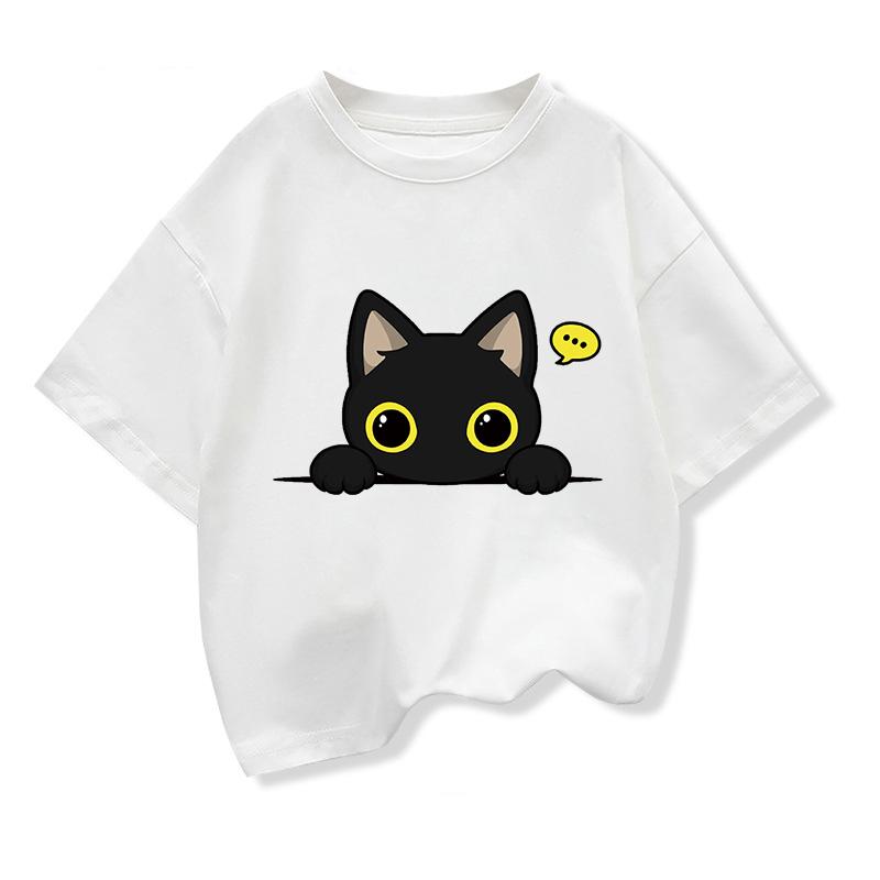 Original Design Summer Kids Clothing Short Sleeve Tee T Shirt Cute Black Cat Graphic Tee Tops Boys Girls T Shirts Pure Cotton