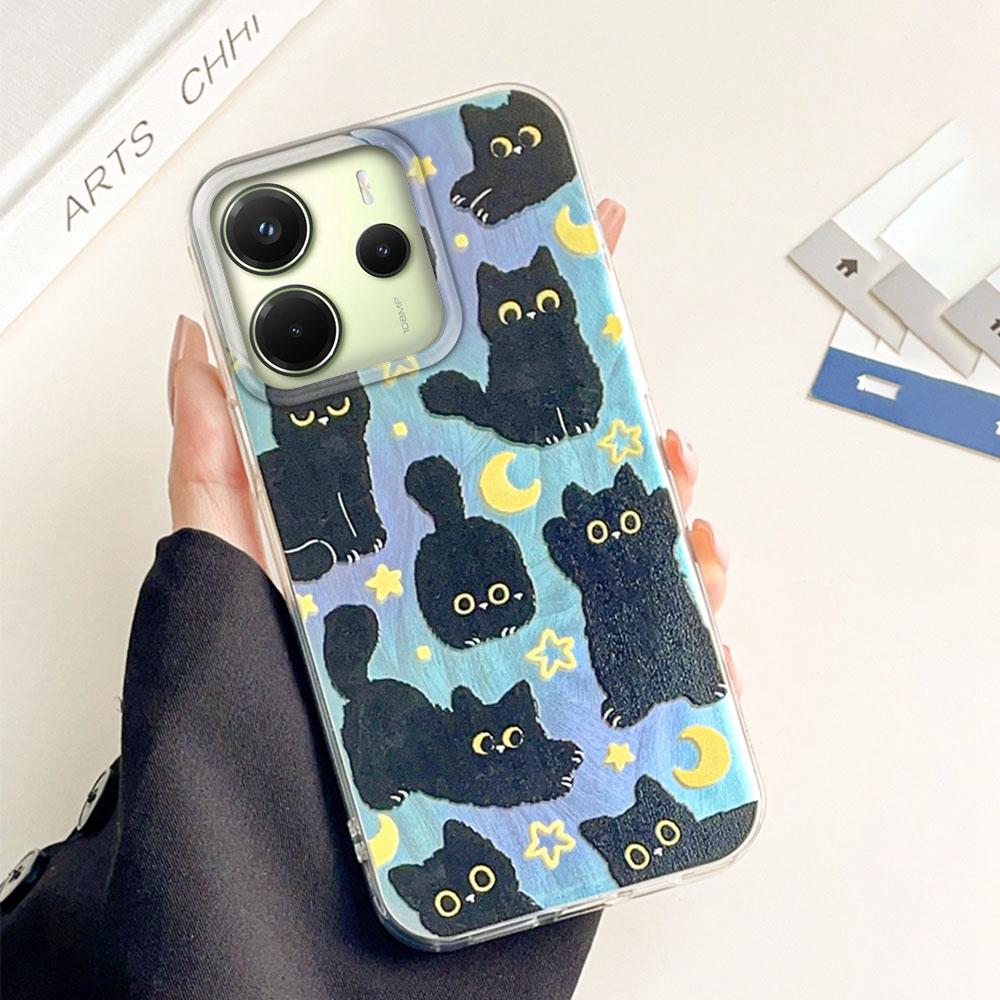 Cute Moon Black Cat Phone Case for Xiaomi Redmi Note 14 13 Pro Plus 13C A5 13T 14T Poco C71 C65 Shell Girls Back Silicone Cover