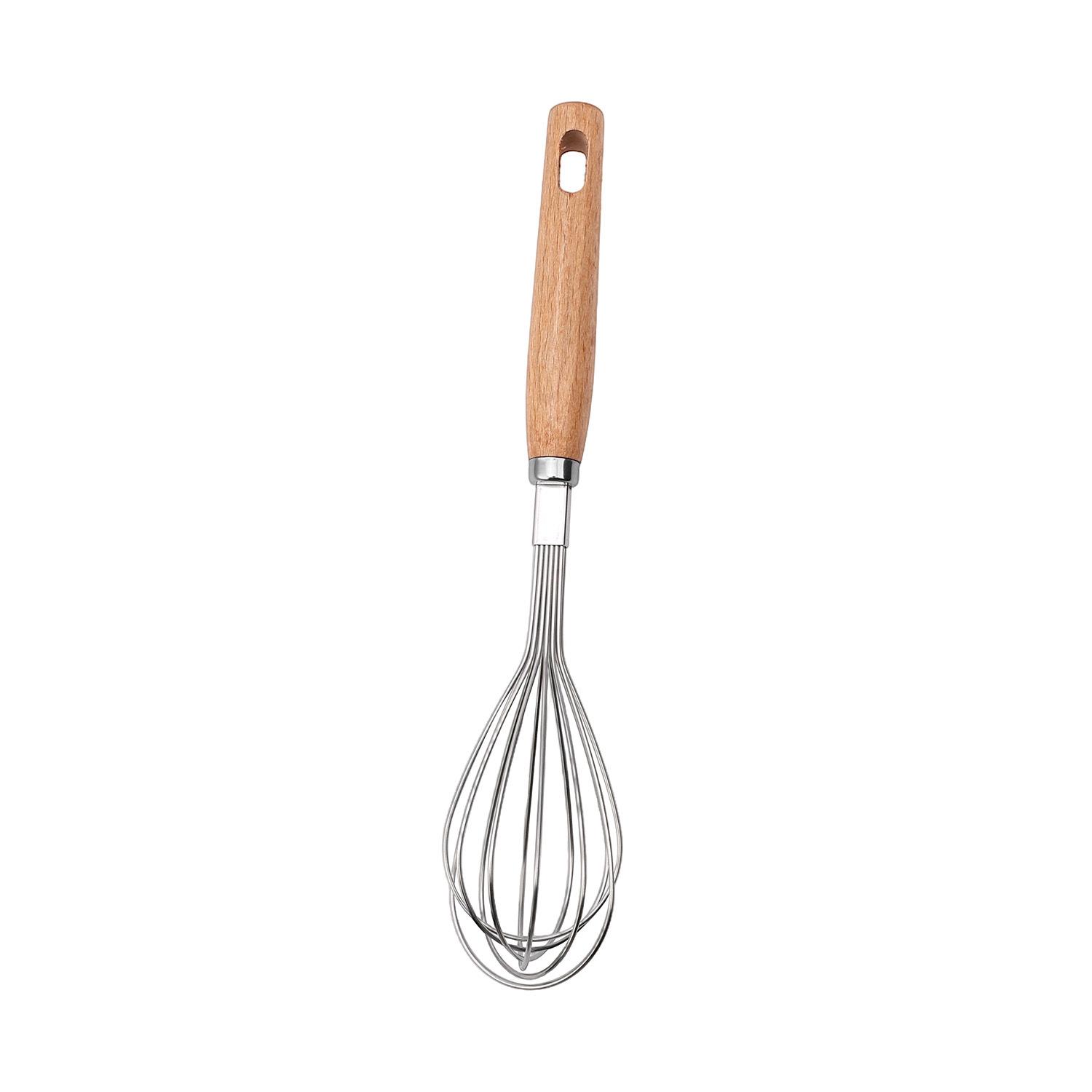 Beech Wood & Stainless Steel Baking Set: Egg Whisk, Pizza Cutter, Cake Spatula, Egg Beater, Mixer, Rice Washer.