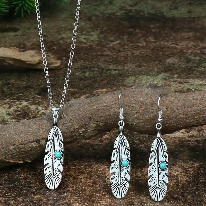 Vintage Boho Ethnic Jewelry Sets for Women Silver Hollow Filigree Round Feather Turquoise Pendant Necklace Earrings Set