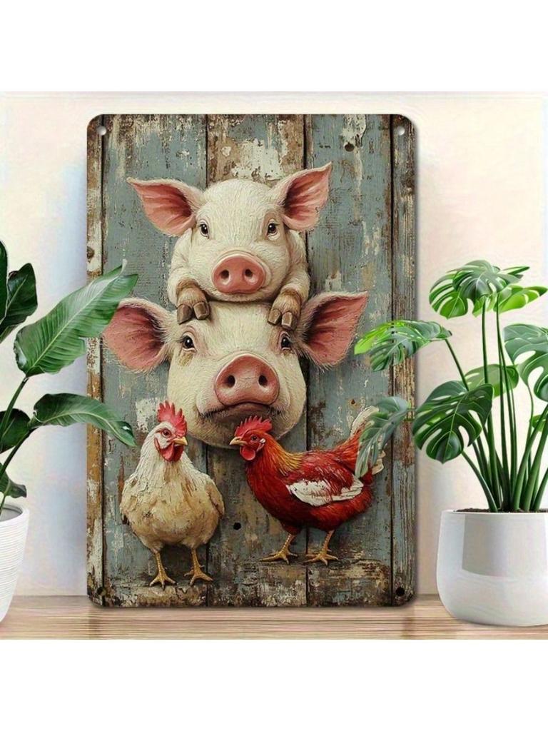 Metal Wall Sign Pig Rooster Farmhouse Decor With Mounting Holes