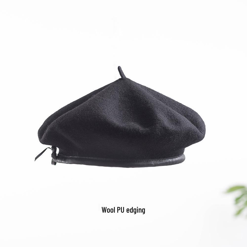 

Korean-Style Wool Beret with PU Leather Trim and Adjustable Tie for Women No Tail