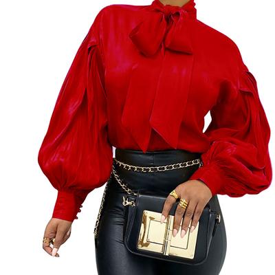 Women Long Sleeve Top Front Bow Tied Long Puff Sleeve Elegant Color Soft Loose Women Tunic Top for