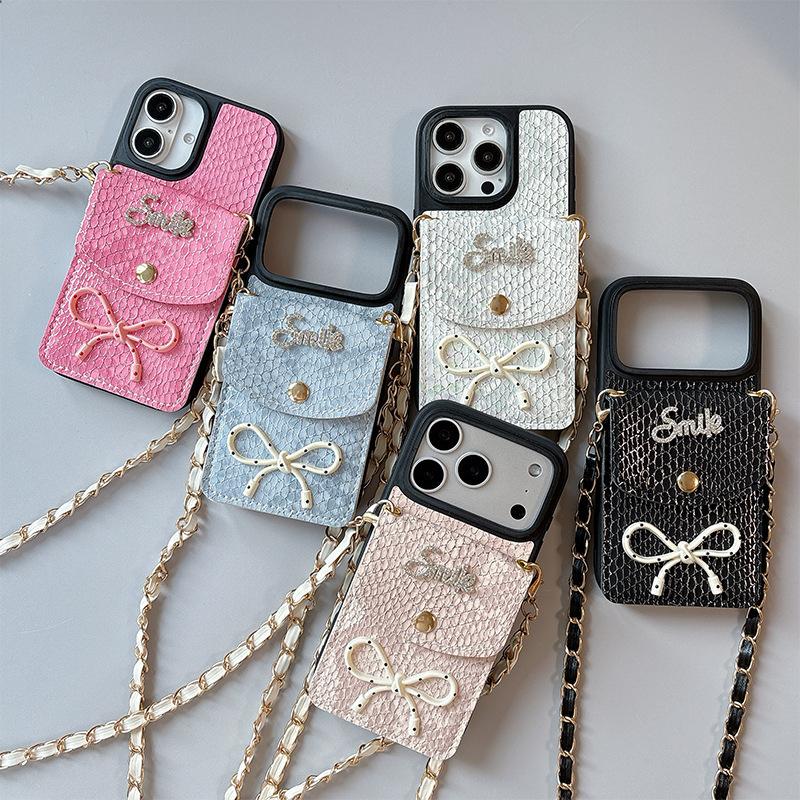 For Apple 16plus Crossbody Coin Purse Mobile Phone Case for IPhone17 Bow Tie Snakeskin Pattern Card Holder 14 Imitation Leather 15