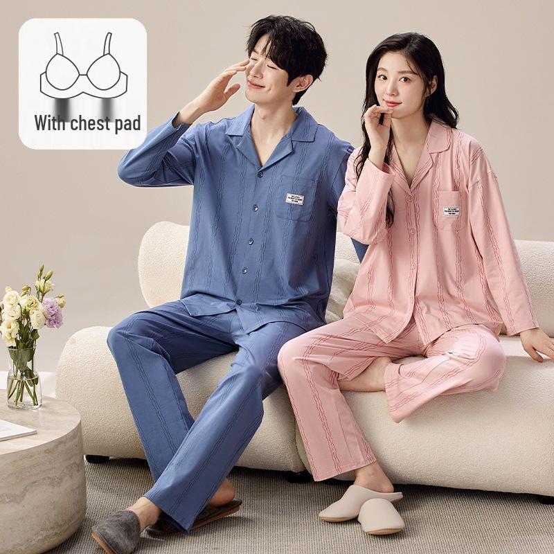 Couple's Korean Style Cotton Pajama Set with Long Sleeve Lapel Cardigan and Chest Pads for Plus Size Women and Men – Autumn/Winter Homewear.