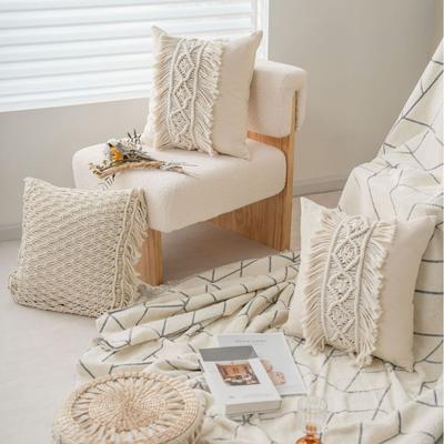 Bohemian Macrame Pillow Covers Handmade Woven Throw Pillowcases Farmhouse Decorative Cushion Cover with Tassels for Home Decor
