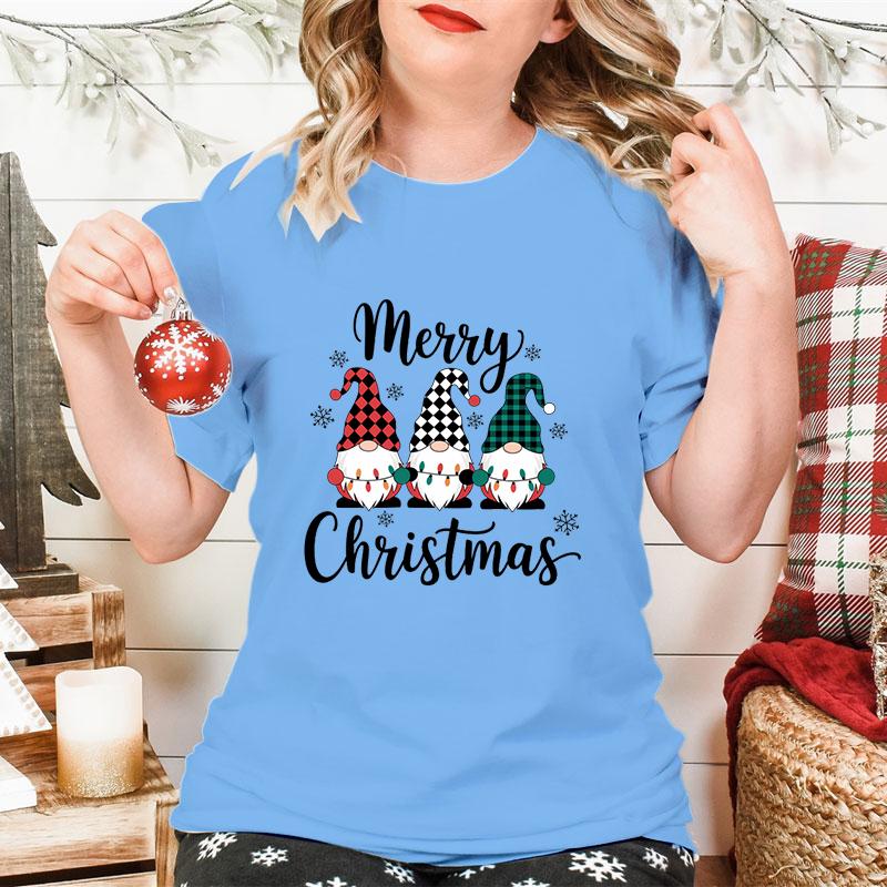 Merry Christmas Gnomes Print Womens Tshirt Fashion Casual Holiday Party Female Tops Tees Short Sleeve Tshirt Women Xmas Gift