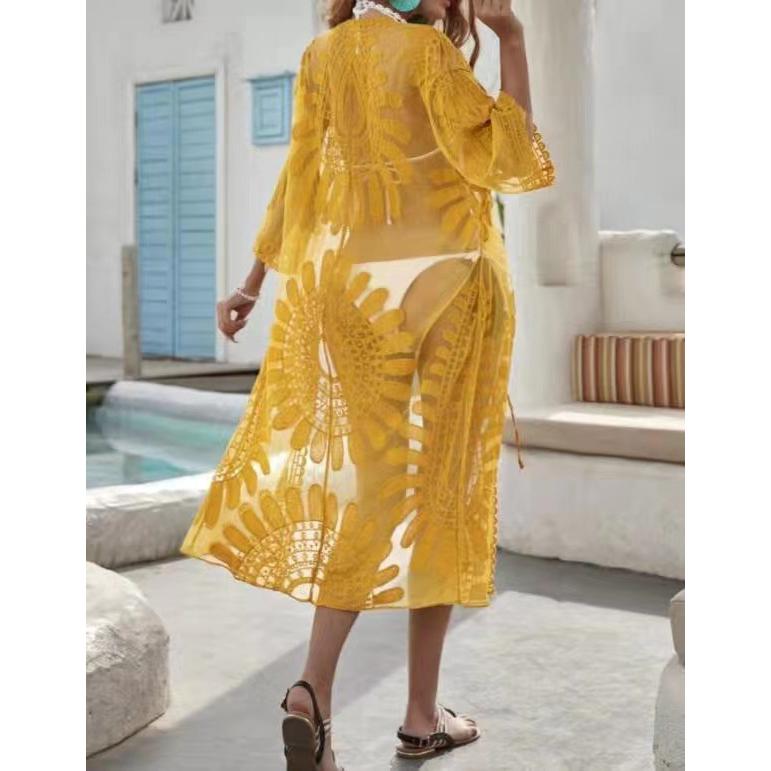 Cardigan lungo in pizzo ricamato color sabbia da donna Copricostume nero a manica corta Cardigan all'uncinetto floreale Kimono Cardigan da spiaggia