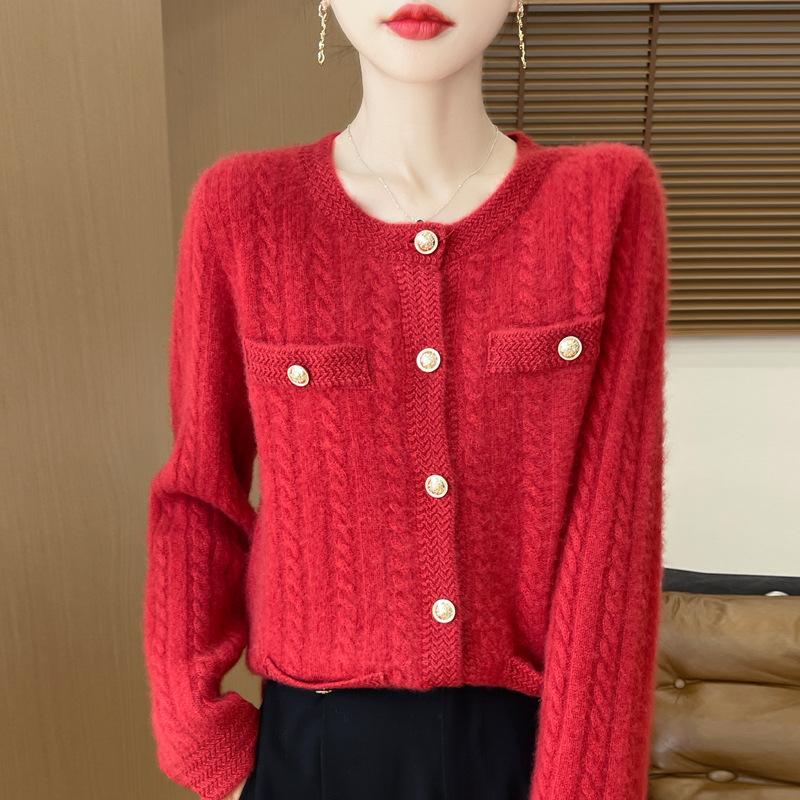 New Autumn and Winter Style Pure Wool Round Neck Knitted Cardigan for Women's Fashionable Versatile and Comfortable Cashmere Sweater Jacket