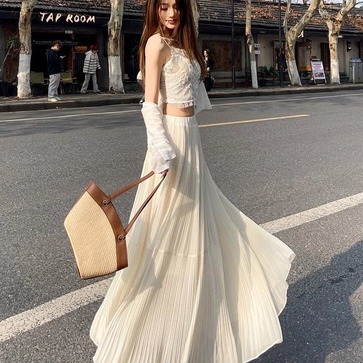 Spring Summer Women Skirts Vintage High Waist Elastic Patchwork Long Cake A-line Skirt Long Skirts for Women