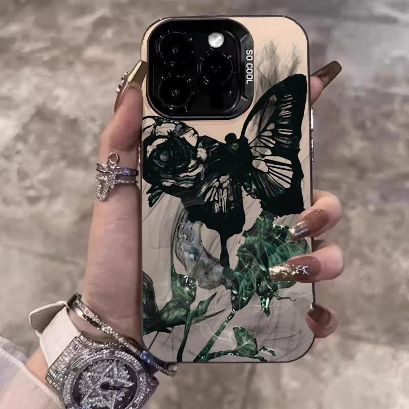 INS Retro Rose Butterfly Phone Case For iPhone 16 15 14 13 12 11 Pro Max XR XS MAX SE 2 3 7 8 PLUS Laser Silver Shockproof Cover