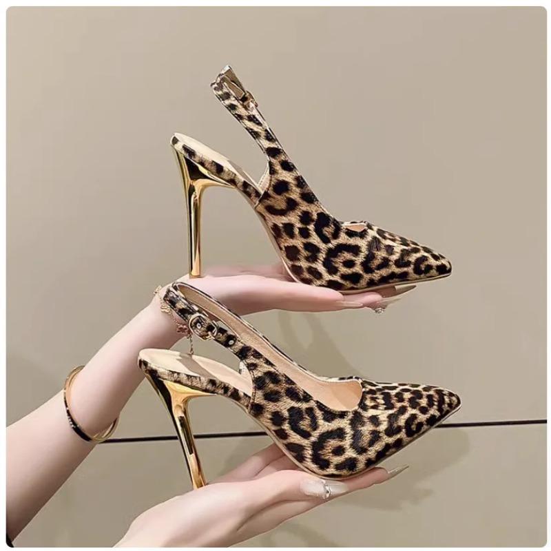 Fashion 2025 Women's Temperament Leopard Print Toe Cap Sandals Women's Shoes Summer French Slim Heels High Heels Pointed Shoes