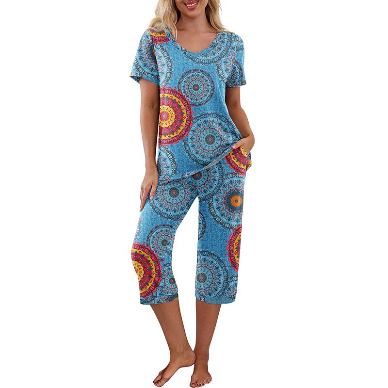 

Women s Sexy Two Piece Women s Multi-Color Comfortable Home Casual Pajama Set with Printed Long Sleeves and Long Pants Pajamas XS небесно-голубой