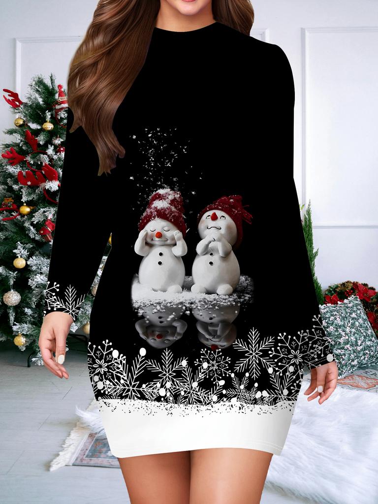2025 Autumn and Winter New Women's Hip-wrapped Dress,3D Christmas Printing and Dyeing Women's Fashion Long-sleeved Round Neck Sexy Hip-wrapped Dress