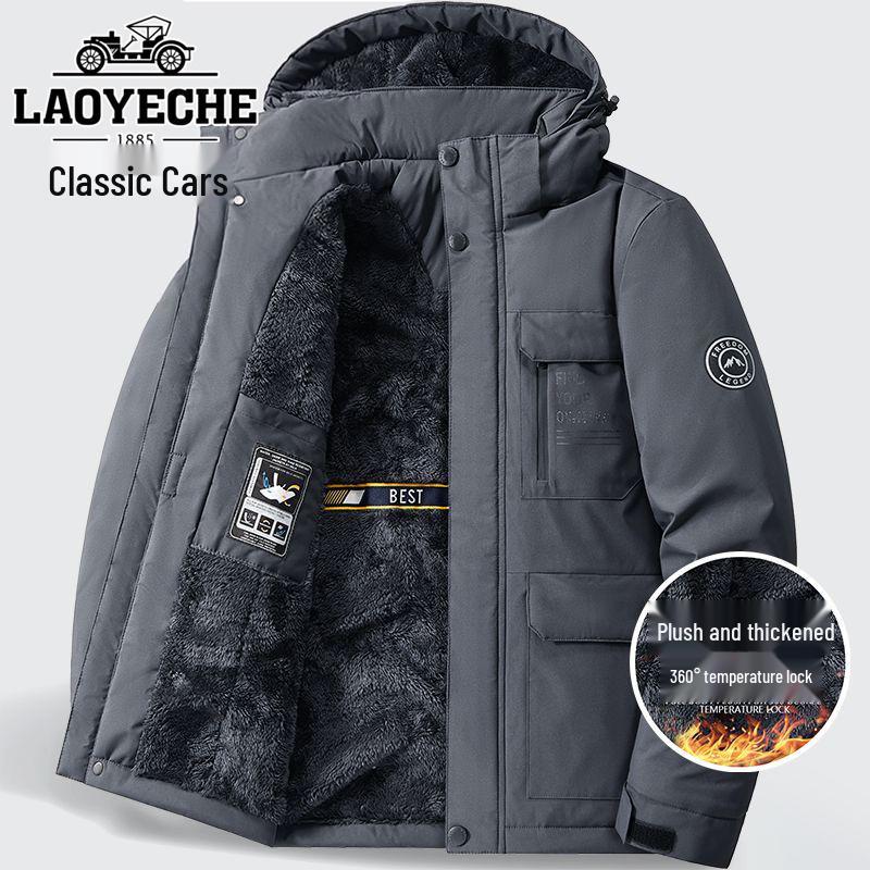 Klassische Herren Kapuzenjacke aus Baumwolle mit Fleecefutter - Warmer, Dicker Wintermantel mit mehreren Taschen für die Arbeitskleidung im Freien für die mittlere und ältere Generation