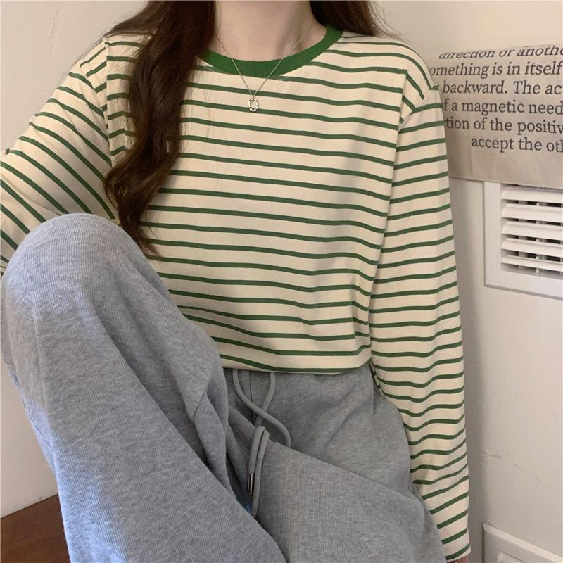 

Crew neck long-sleeved t-shirt women s autumn clothing new loose and thin versatile striped bottoming shirt casual inner top XXL