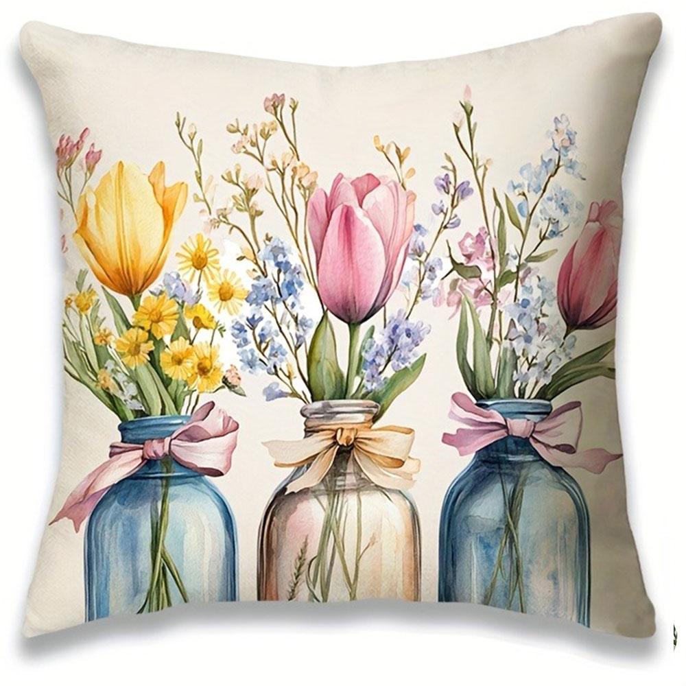 

Tulip Pattern Home Decor Pillowcase Bedroom Living Room Sofa Decoration Polyester Cushion Cover with Zipper 16x16Inch