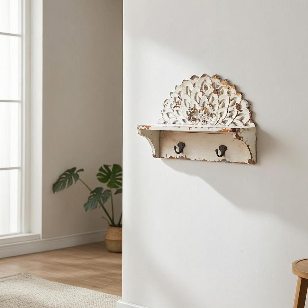 Wall Shelf with Hooks Entryway Coat Rack Distressed Wall-Mounted