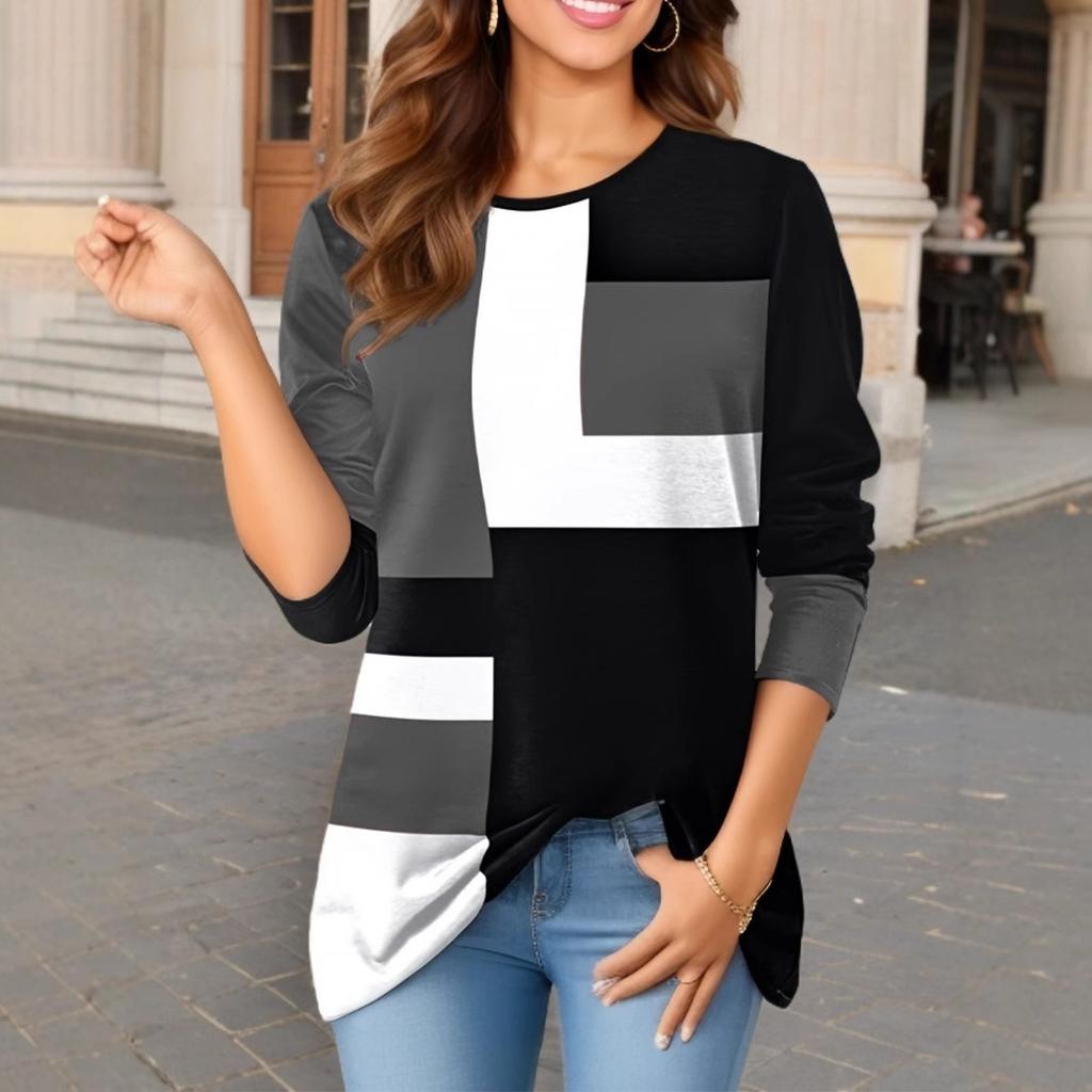 Women's Color Block Long Sleeve T-Shirt Crew Neck Casual Geometric Print Top