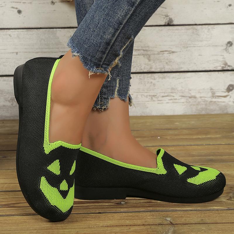 Fashion Pumpkin Printed Breathable Woman Flats Shoes Comfort Knit Slip On Walking Shoes for Women Lightweight Soft Sole Casual Loafers