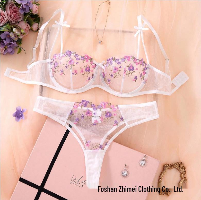 

Женский сексуальный комплект бюстгальтера Y-образного стиля с вышивкой бабочек в стиле живописи тушью и кружевом, с тонкими хлопковыми чашками для минимизирующего эффекта Large белый/фиолетовый