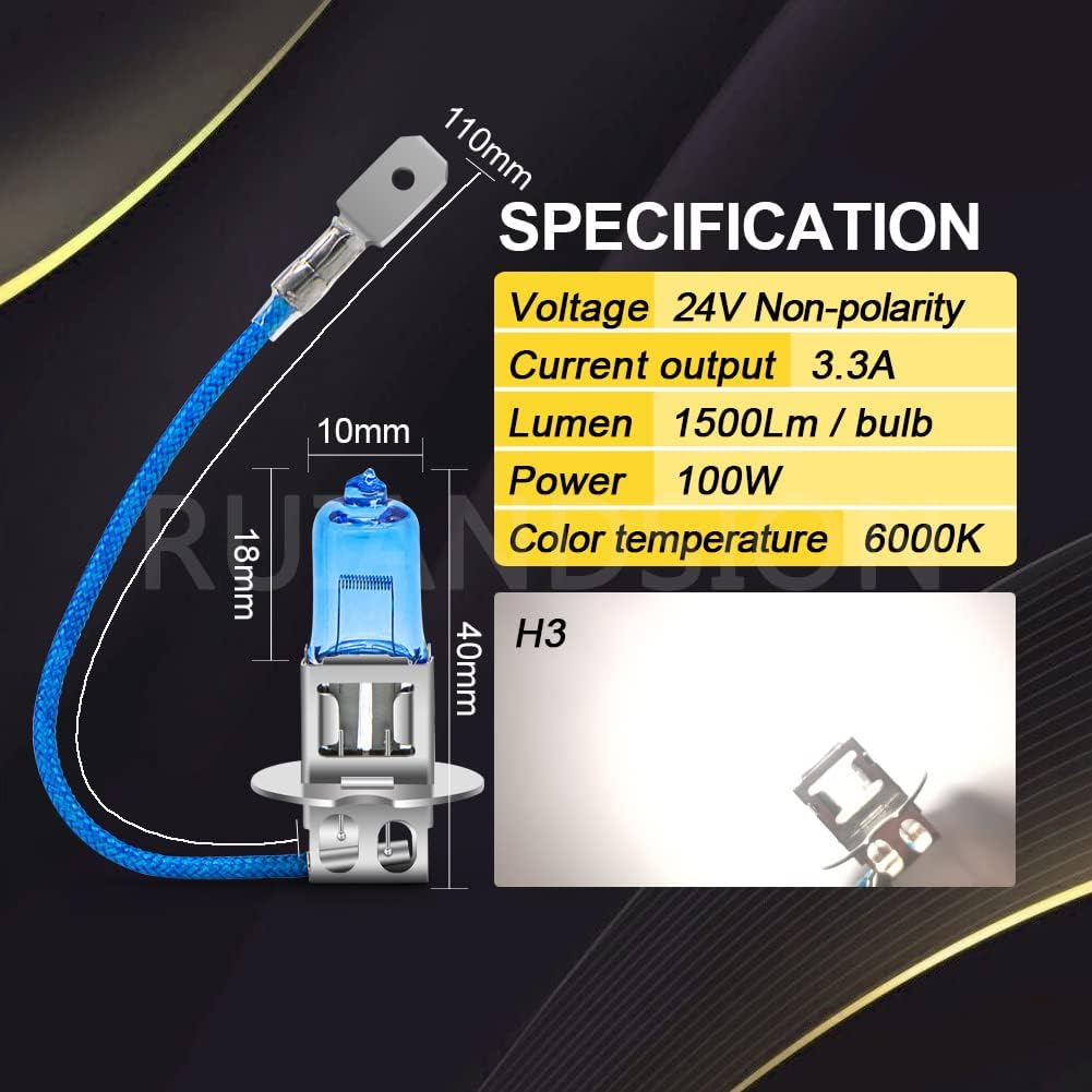 Ruiandsion 2pcs H3 Halogen Headlight Bulb Fog Lamp 100W 24V Xenon White 6000K 64151 12336 Bulb