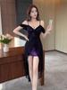 Contrast Color Sequin Spaghetti Strap Slit Evening Gown