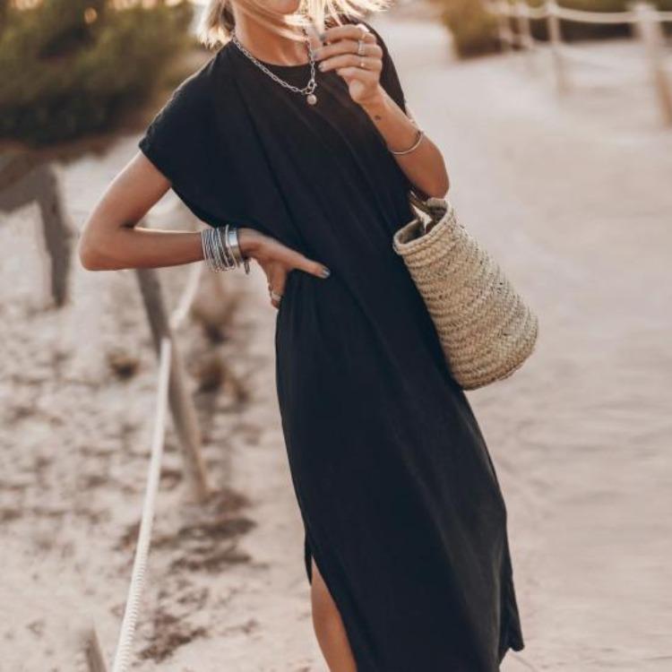 Soft Breathable Women Summer Casual Maxi Dress Round Neck Thin Short Sleeves Loose Solid Color Side Split Ankle Length