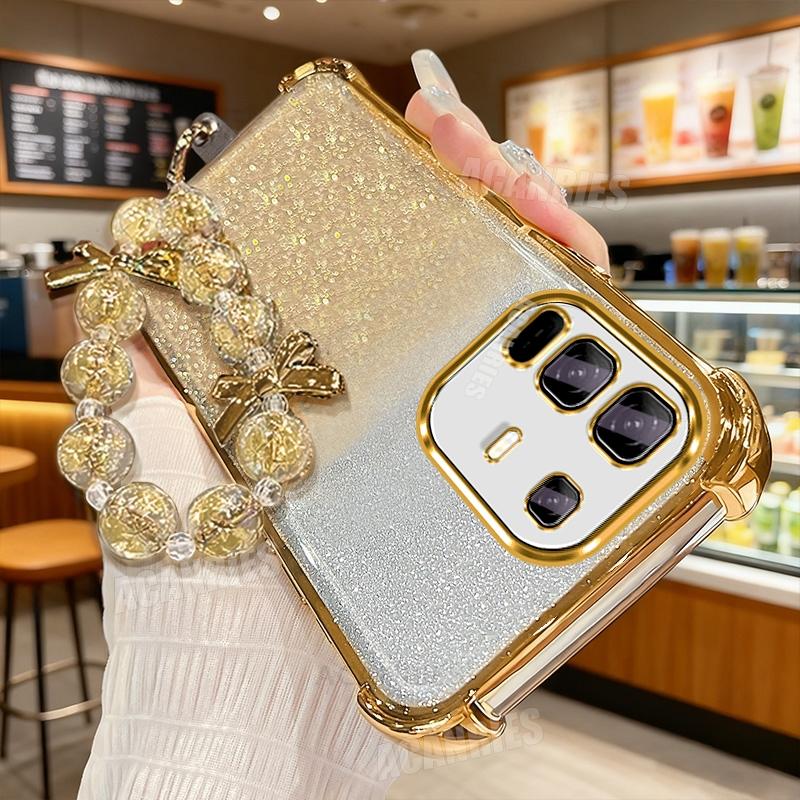 Star Lanyard Wrist Strap Plating Glitter Shockproof Silicone Case For Infinix Note 40 50 Pro Plus Smart 10 9 8 7 6 5 Back Cover