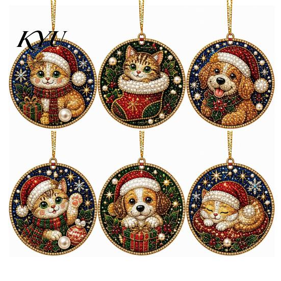 Acrylic Santa Hanging Ornaments 6 Pcs Christmas Pearl Art Ornaments, 2D Flat Holiday Tree Pendant, Decorations Effect Decoration for Home Wall