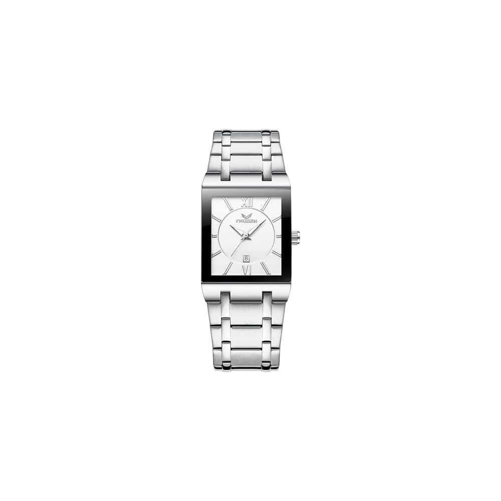 Square Men s Analog Watch with Luminous Display, Calendar, 3ATM Waterproof, Stainless Steel Band, Quartz, Silver