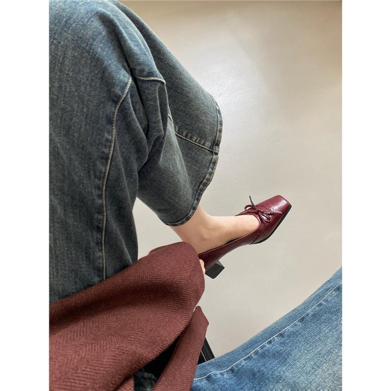 

2025 литературные и ретро туфли-лодочки с квадратным носком и бантом, женские повседневные туфли на высоком каблуке, туфли-лодочки на толстом каблуке, модные туфли 40