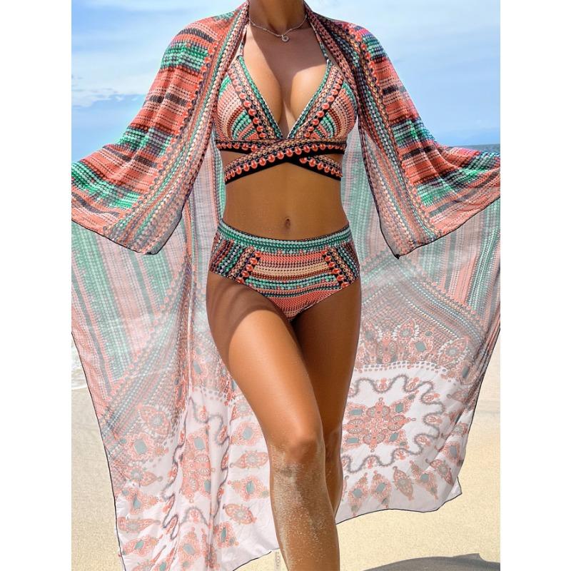 Boho Striped Crochet Bikini Set with Paisley Print Beach Cover Up