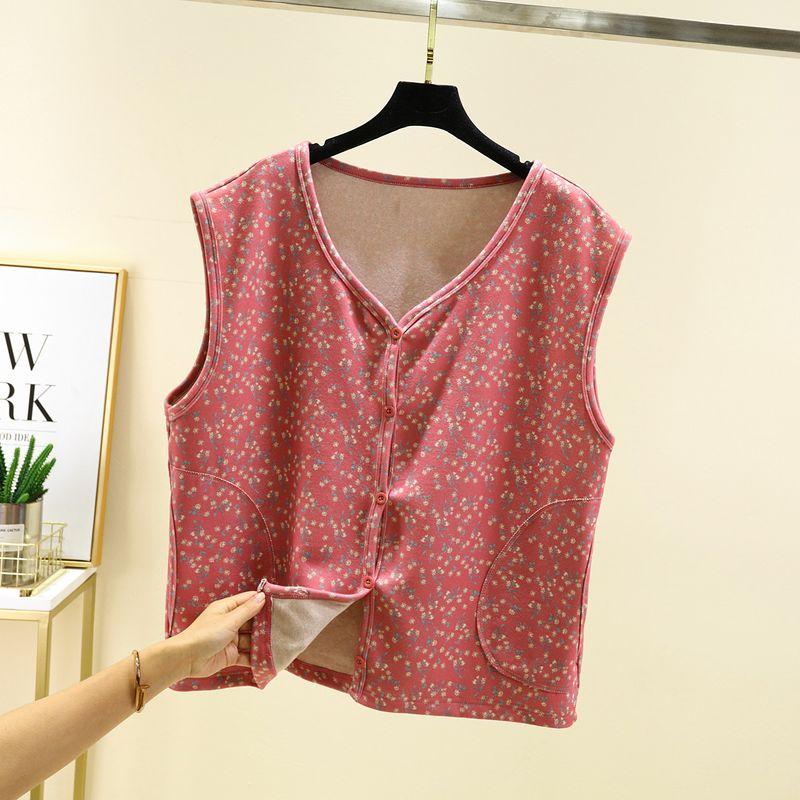 Double-Sided Dralon Floral Warm Waistcoat Middle-Aged and Elderly Fleece-lined Buckle Vest Thick Sleeveless Mom Wear Cold-Proof Vest