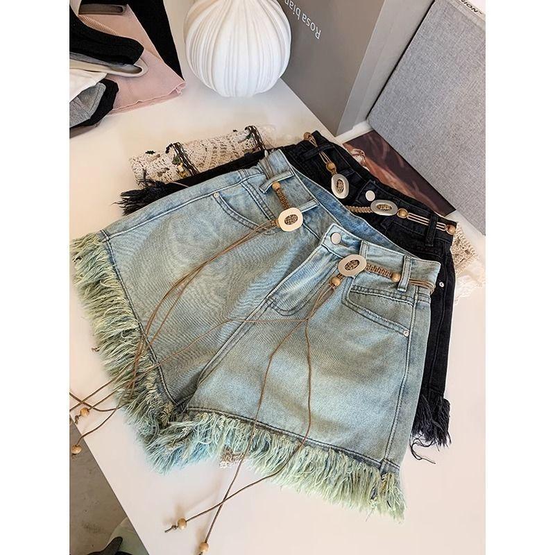 Tassel Fringed Denim Shorts for Women High Waist Thin Wide Leg A-line Half Pants Solid Color Sexy Style Ladies' Clothing