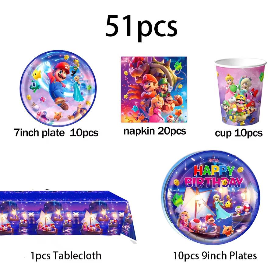 Super Mario Birthday Party SuppliesSet-Theme Inclusive Balloons Cake Topper BannerTableware Paper Plates & Napkins for Christmas