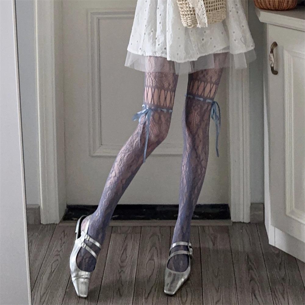 High Waist Mesh Lace-up Pantyhose Smooth Hollow-out Shaping Silk Stockings Stretch High-Density Sheer Pantyhose Tights Women