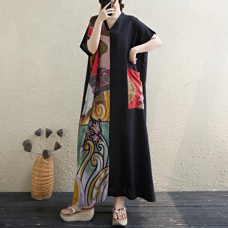 DIMANAF 2025 Summer Plus Size Dress Basic Women Casual Loose Long Vintage New Floral Dress Maxi