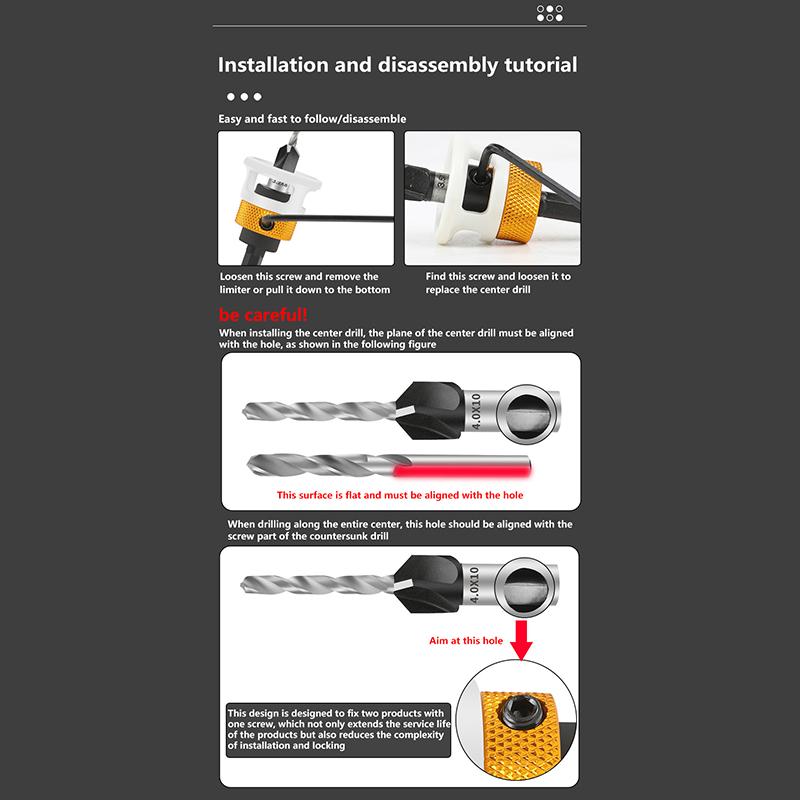 1 buc Limitator pentru prelucrarea lemnului Freză cu alezor cu patru muchii Cap din aliaj Burghiu cu gaură conică Adâncime reglabilă Burghiu în trepte Alezor pentru șuruburi ascunse