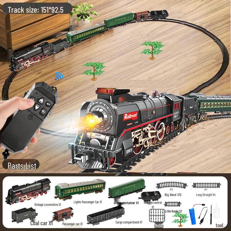 Boy's Green Retro Steam Train EMU Model - Cross-Border Remote Control Educational Toy