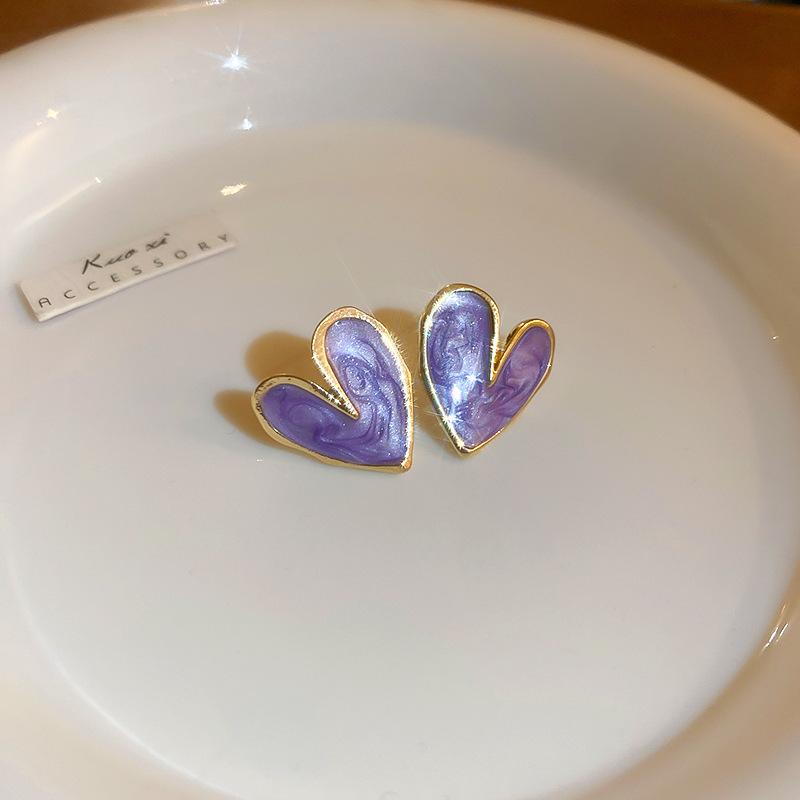 Glitter Enamel Oil Heart Stud Earrings for Women Girls New Fashion Party Golden Color Love Earrings Cute Romantic Zircon Gift