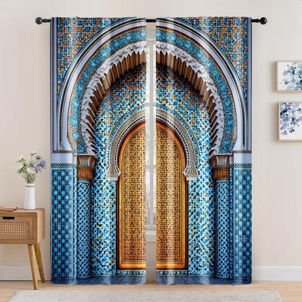 2pc,  Curtain Ancient Morocco Palace Door Print Durable Polyester,Without Electricity Versatile Suitable for Multipurpose Event