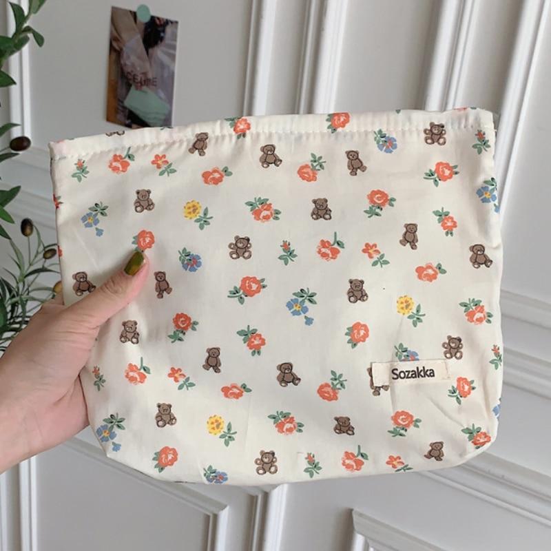 Simple Fresh Floral Cotton Storage Bag Portable Clutch Makeup Bag Cosmetic Bag Travel Skincare Toiletries Organizer Toilet Bag